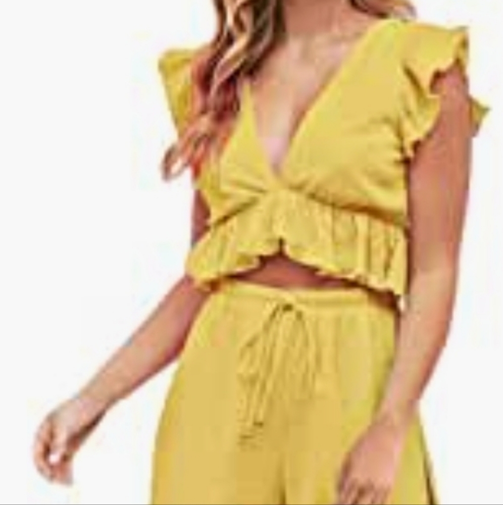 2 Pieces Outfits V Neck Crop Top Side Slit Drawstring Wide Leg Pants